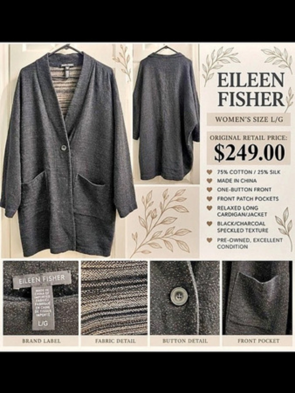 EILEEN FISHER Silk Cotton Speckled Cardigan Jacket L/G